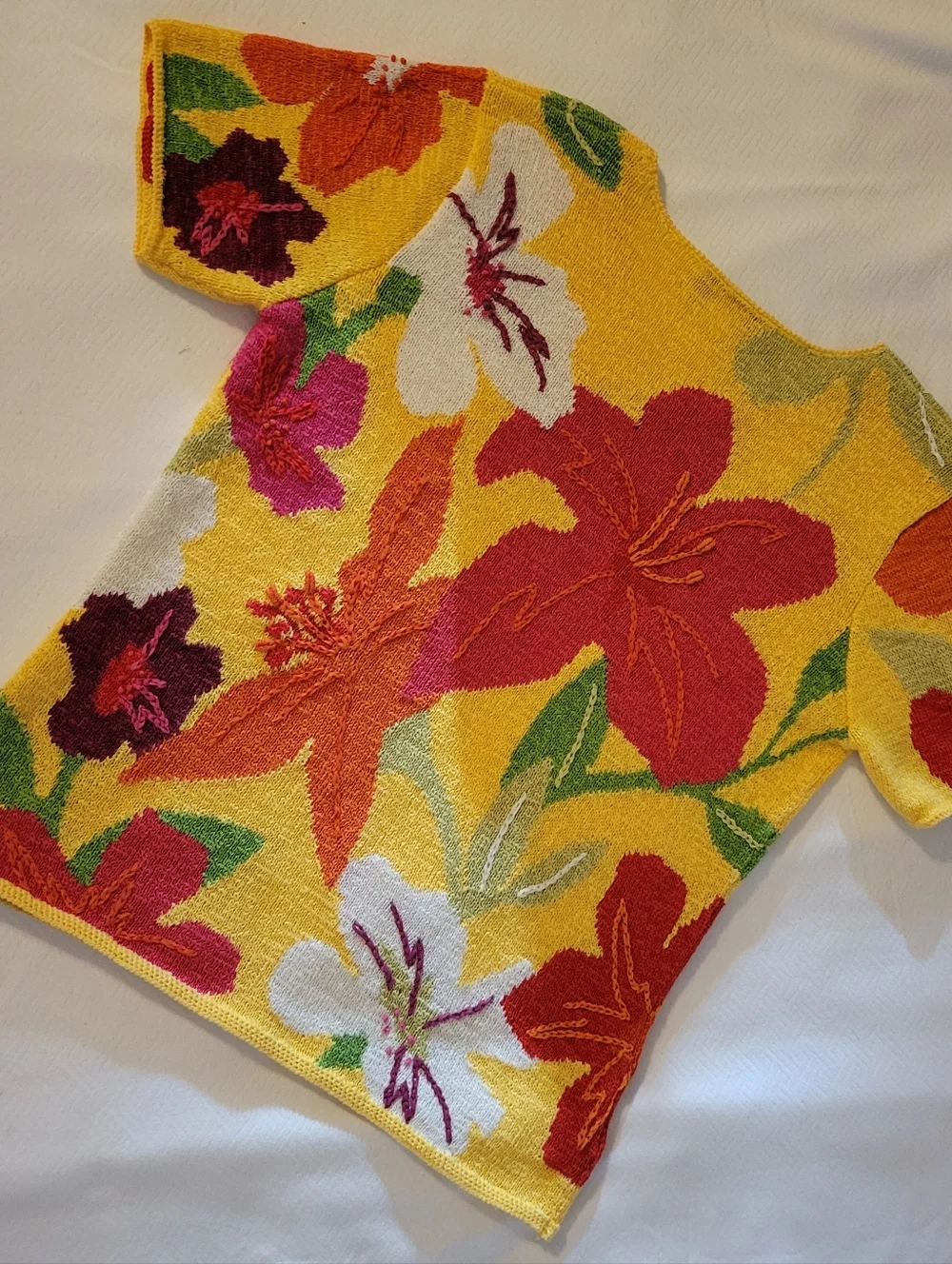 Susan Bristol Yellow Floral Short-Sleeve Crewneck Sweater